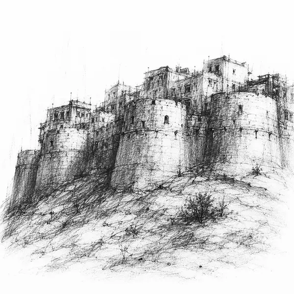 Charcoal sketch of the honey-gold fort walls and round bastions on the hill in Jaisalmer