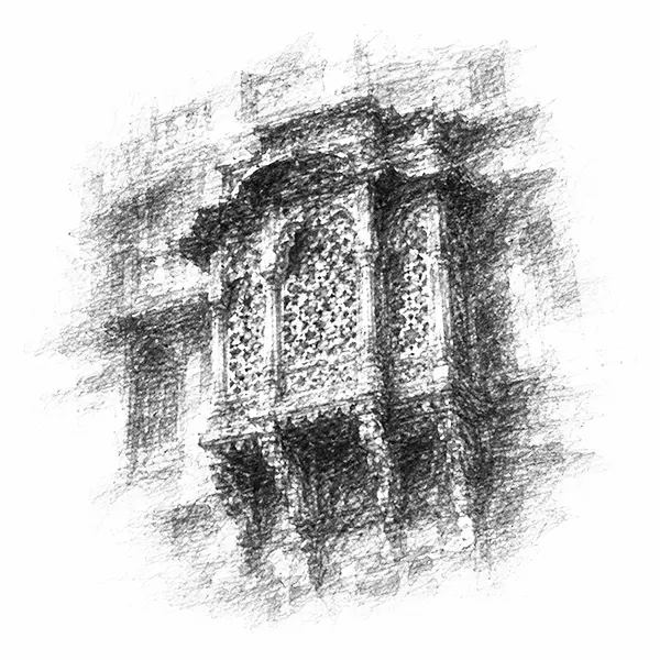 Charcoal sketch of a finely carved sandstone lattice (jali) screen on a haveli façade