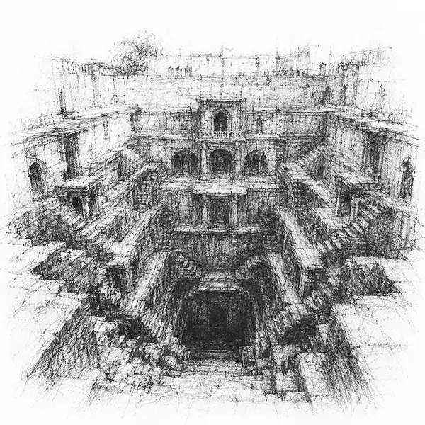 Charcoal sketch of an ancient stepped stepwell descending into shadow in Jaisalmer