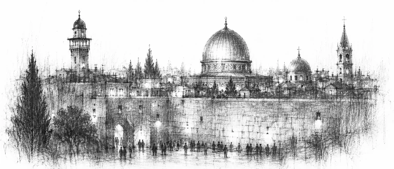 Charcoal sketch of the walled old city of Jerusalem at evening, honey-coloured stone, a golden dome, domes and a minaret and a bell-tower on one skyline - never been abroad