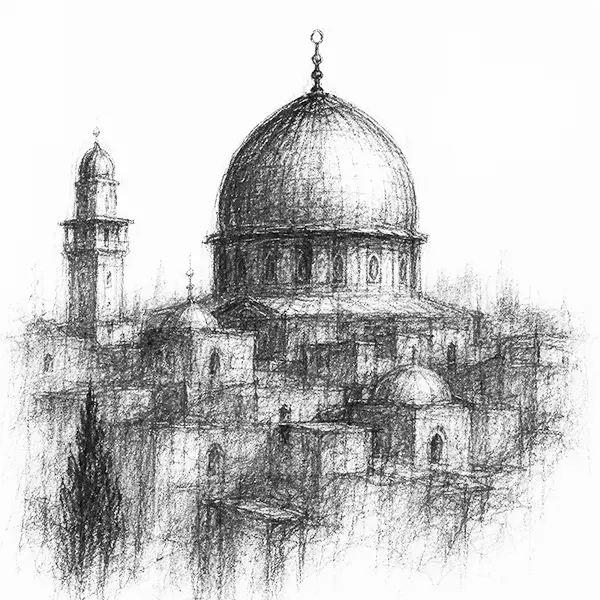Charcoal sketch of a great golden dome rising above the old-city rooftops of Jerusalem