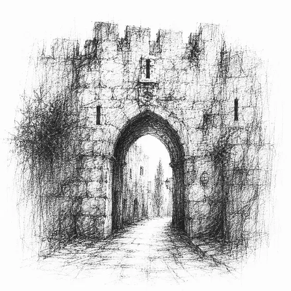 Charcoal sketch of a small arched stone gateway into the old city of Jerusalem