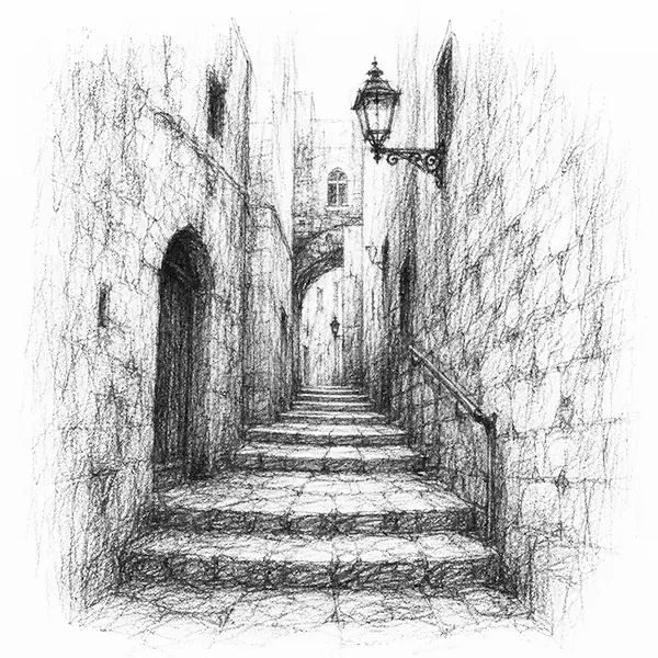 Charcoal sketch of a narrow stepped stone lane in the old city