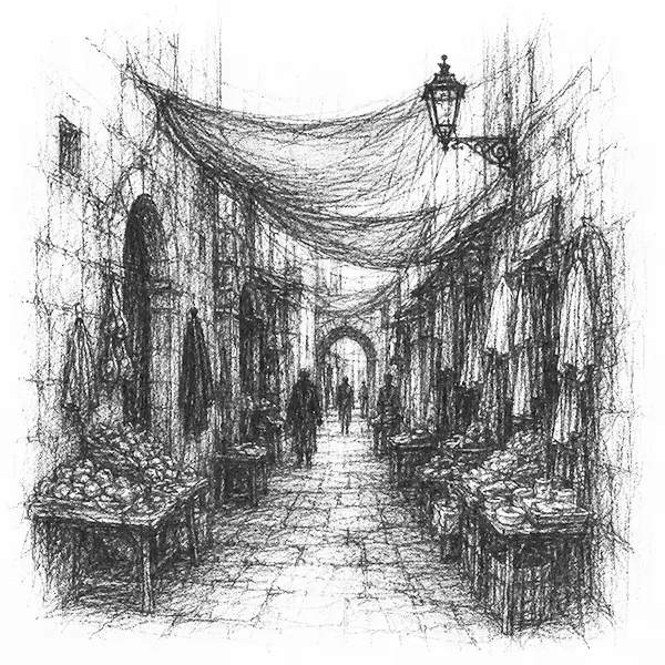 Charcoal sketch of a covered old-city market lane between old stone houses