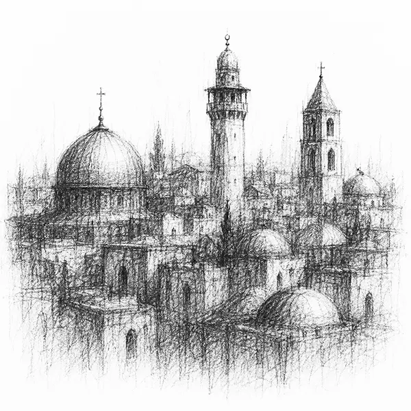 Charcoal sketch of domes, a minaret and a bell-tower together on one old-city skyline