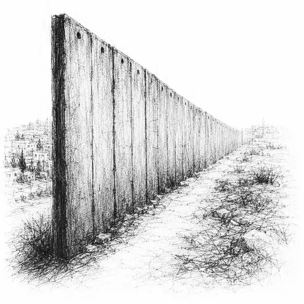 Charcoal sketch of a high blank concrete wall cutting across the ground, dividing it