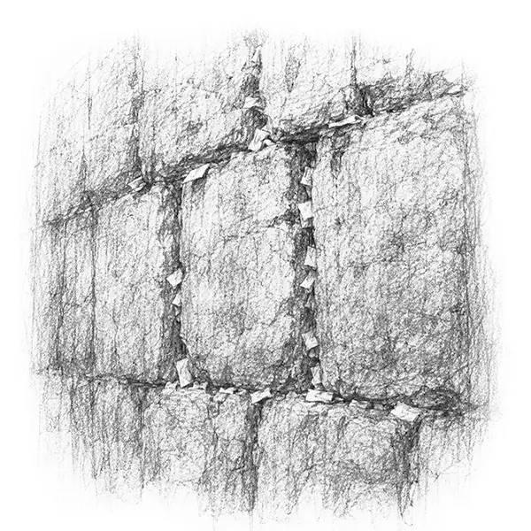 Charcoal sketch of a worn section of great stone wall with folded paper notes pushed into the cracks in Jerusalem