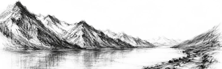 Charcoal sketch of Pangong Tso, a long thin lake under bare high mountains, the water stretching away into the distance - never been abroad
