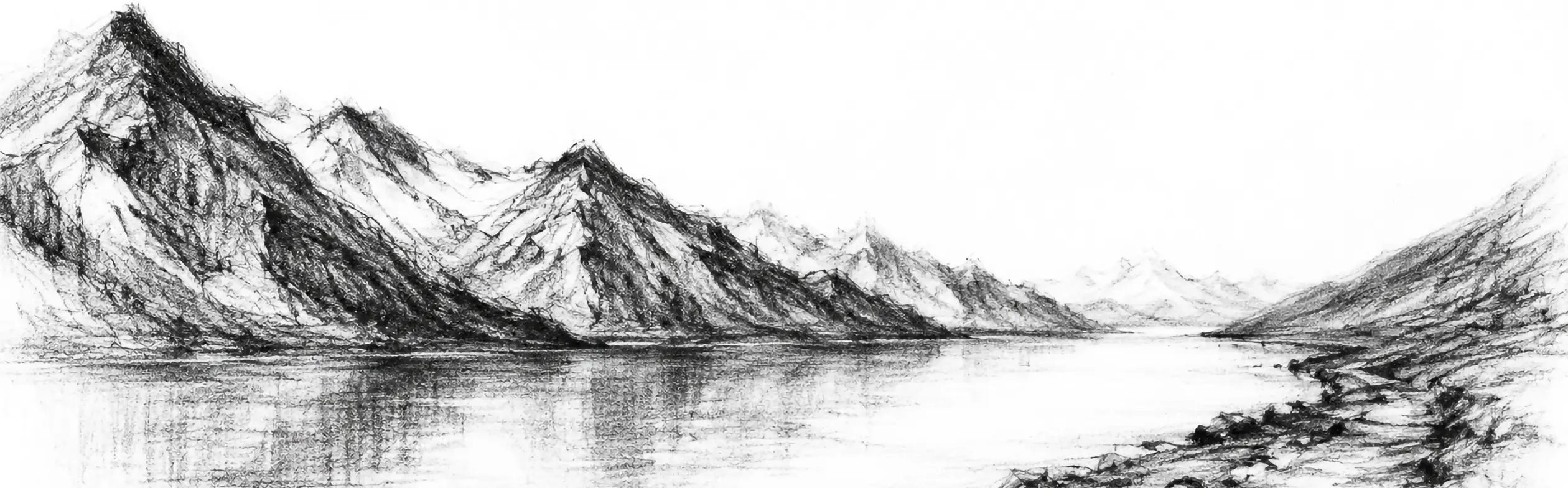 Charcoal sketch of Pangong Tso, a long thin lake under bare high mountains, the water stretching away into the distance - never been abroad