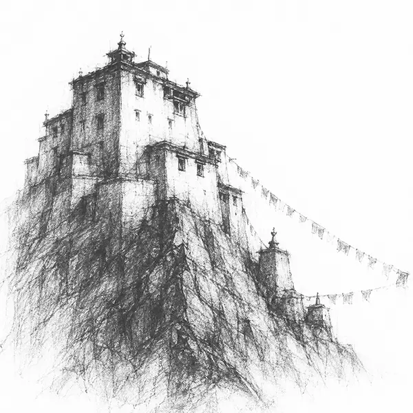 Charcoal sketch of a whitewashed Ladakh monastery clinging to a rocky crag, prayer flags strung from it