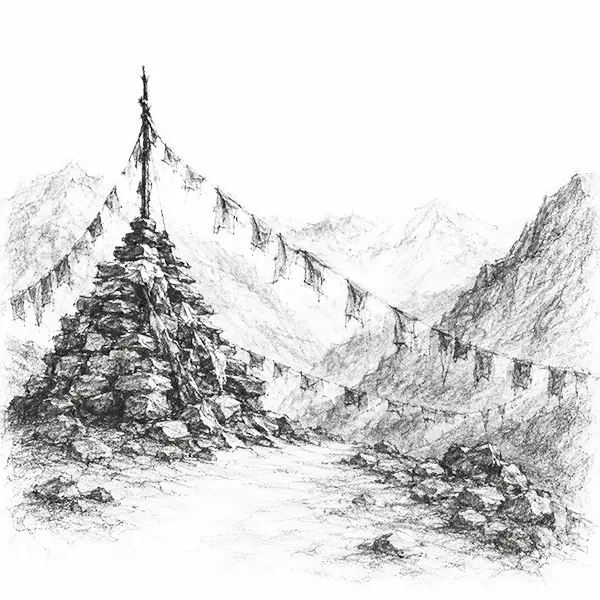 Charcoal sketch of a high mountain pass with a stone cairn hung with strings of prayer flags in Ladakh