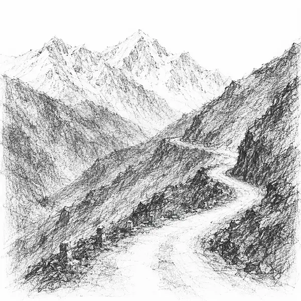 Charcoal sketch of a lonely road switchbacking up through bare cold-desert mountains toward high snow-touched peaks