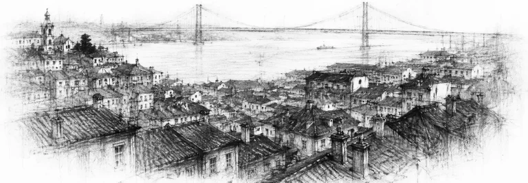 Charcoal sketch of red-tiled rooftops tumbling down hills to a wide river estuary, a great red bridge beyond in soft light - never been abroad