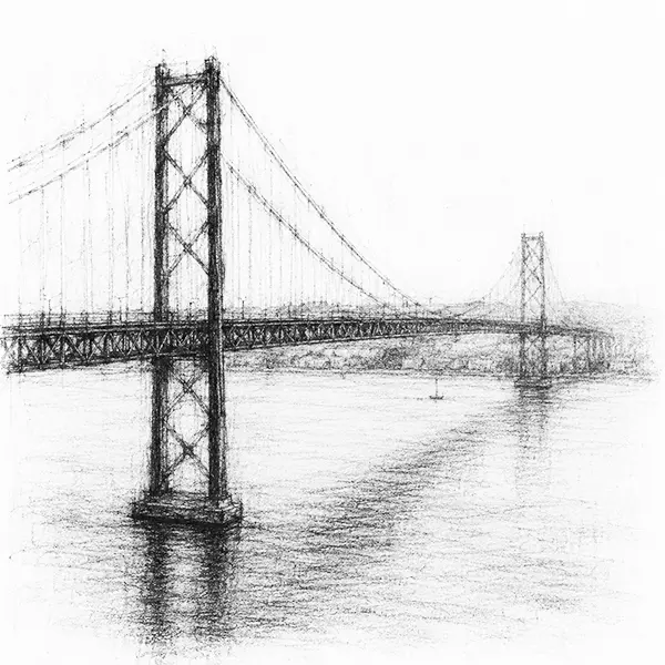 Charcoal sketch of a great red suspension bridge over the wide river mouth in Lisbon