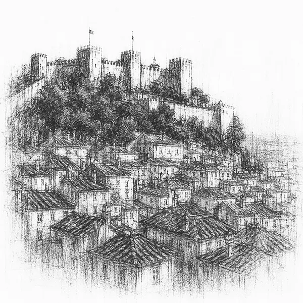 Charcoal sketch of a hilltop castle wall standing above the rooftops