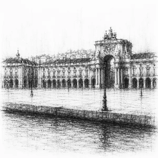 Charcoal sketch of a grand arcaded riverside square open to the water at Lisbon