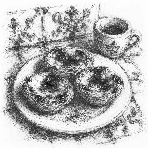 Charcoal sketch of a plate of custard tarts on a tiled counter
