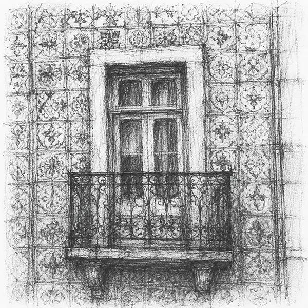 Charcoal sketch of a building façade covered in patterned ceramic tiles