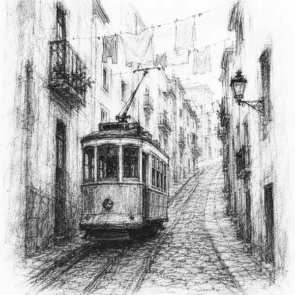 Charcoal sketch of a small old tram climbing a steep narrow tiled lane in Lisbon