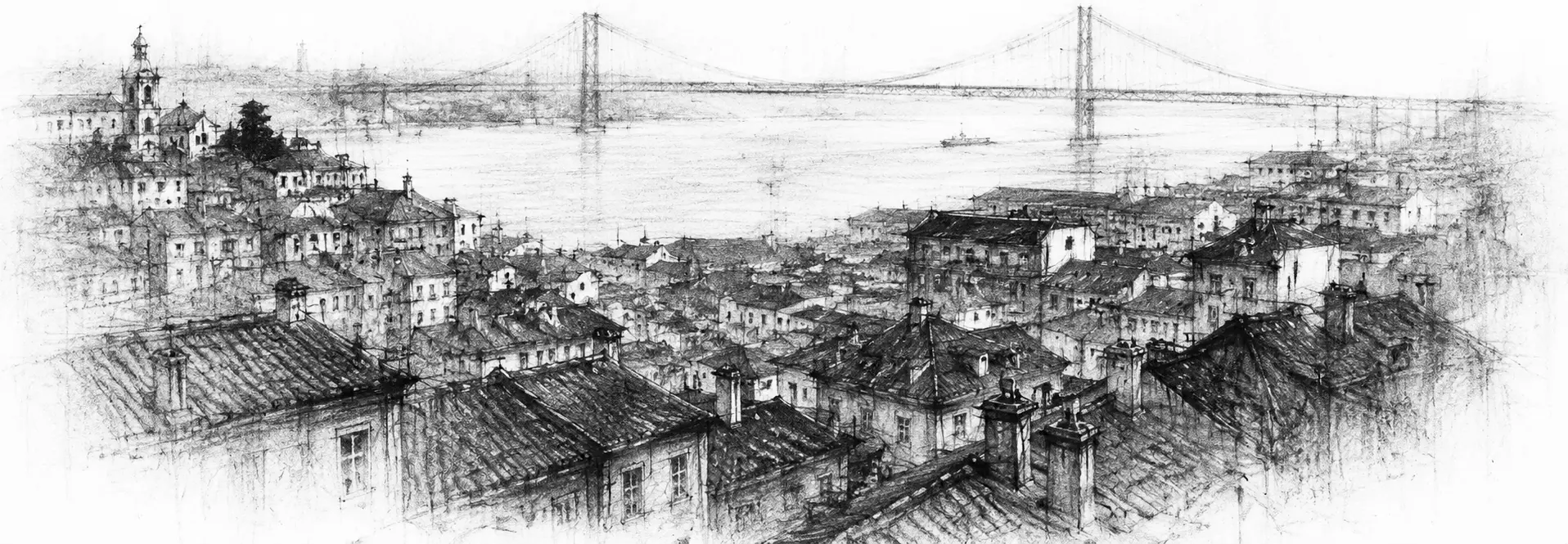 Charcoal sketch of red-tiled rooftops tumbling down hills to a wide river estuary, a great red bridge beyond in soft light - never been abroad