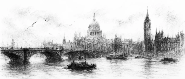 Charcoal sketch of the grey Thames, a bridge and a domed cathedral or clock tower in haze, gulls, low cloud - never been abroad