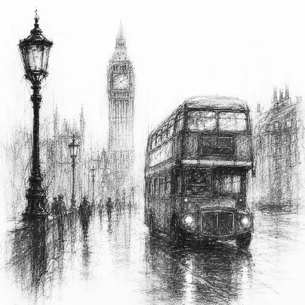 Charcoal sketch of a red double-decker bus on a wet London street