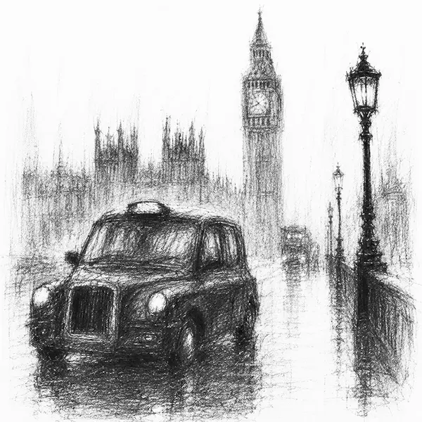 Charcoal sketch of a black London cab in the rain