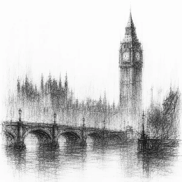 Charcoal sketch of a great clock tower rising above the river in haze