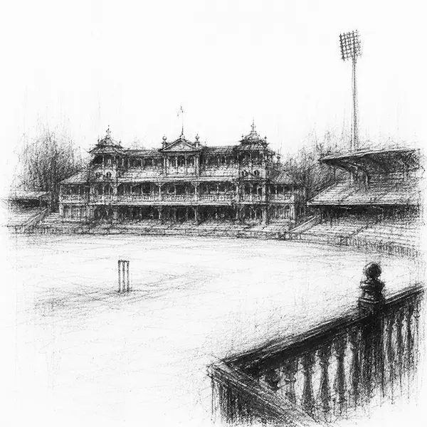 Charcoal sketch of a cricket ground — the old pavilion across an empty green, a balcony and stands