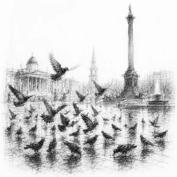 Charcoal sketch of pigeons scattering across a great paved square