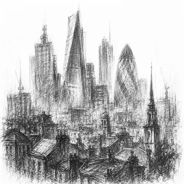 Charcoal sketch of the modern City of London skyline, glass towers of odd shapes crowded above old brick rooftops