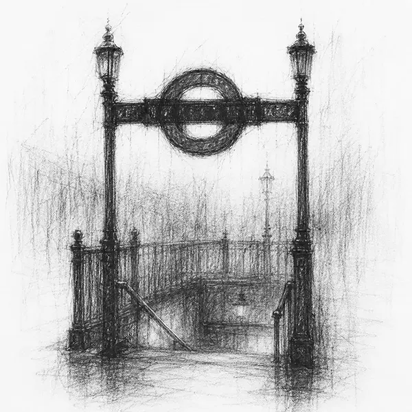 Charcoal sketch of the Underground roundel sign at a tube entrance