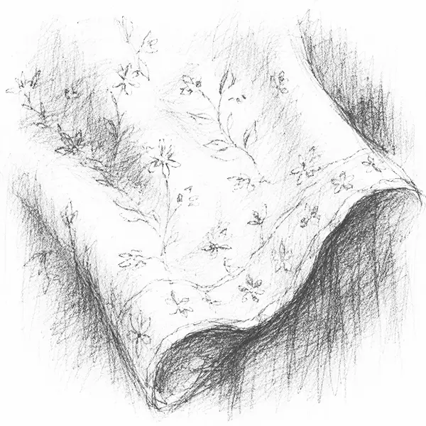 Charcoal sketch of a piece of fine white Lucknow chikan embroidery on cloth