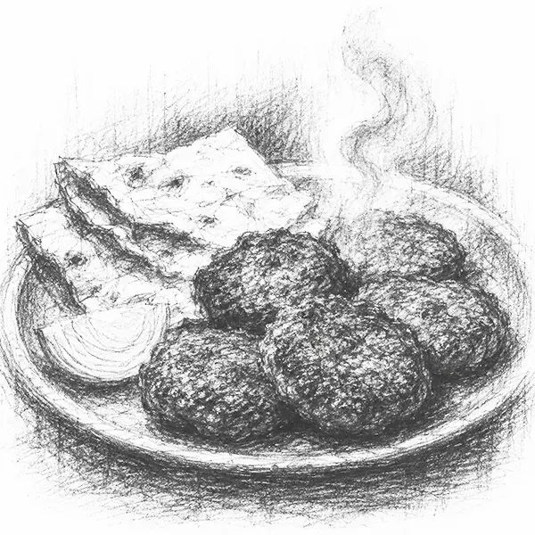Charcoal sketch of a plate of soft galouti kebabs with thin bread