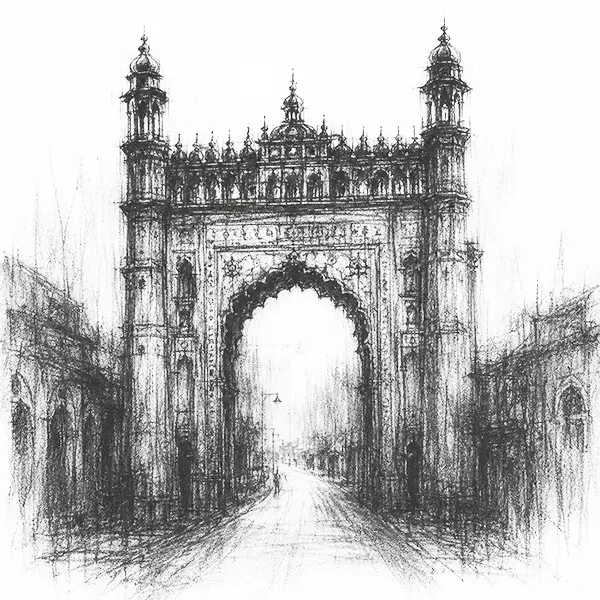 Charcoal sketch of the tall ornate Rumi Darwaza gateway in Lucknow over the street