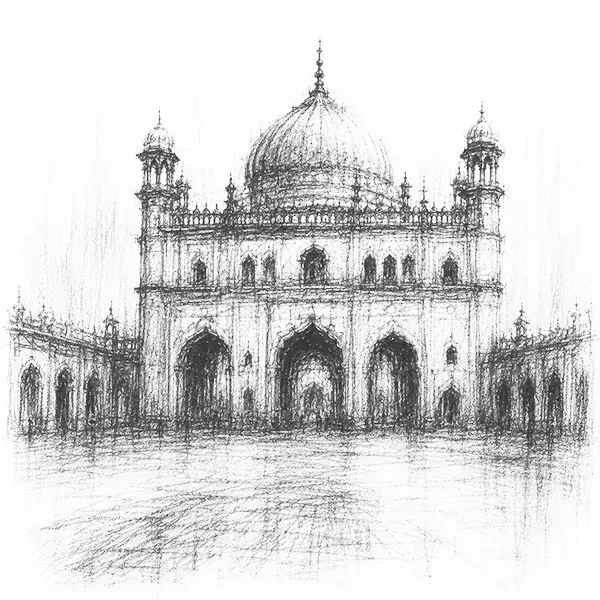 Charcoal sketch of a great domed imambara hall in Lucknow