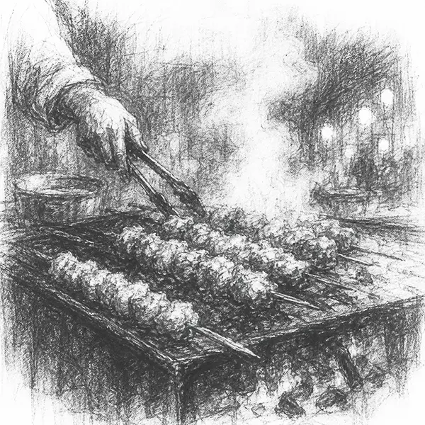 Charcoal sketch of skewered kebabs smoking on a flat griddle