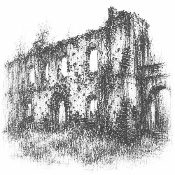Charcoal sketch of a ruined colonial residency wall pitted and overgrown
