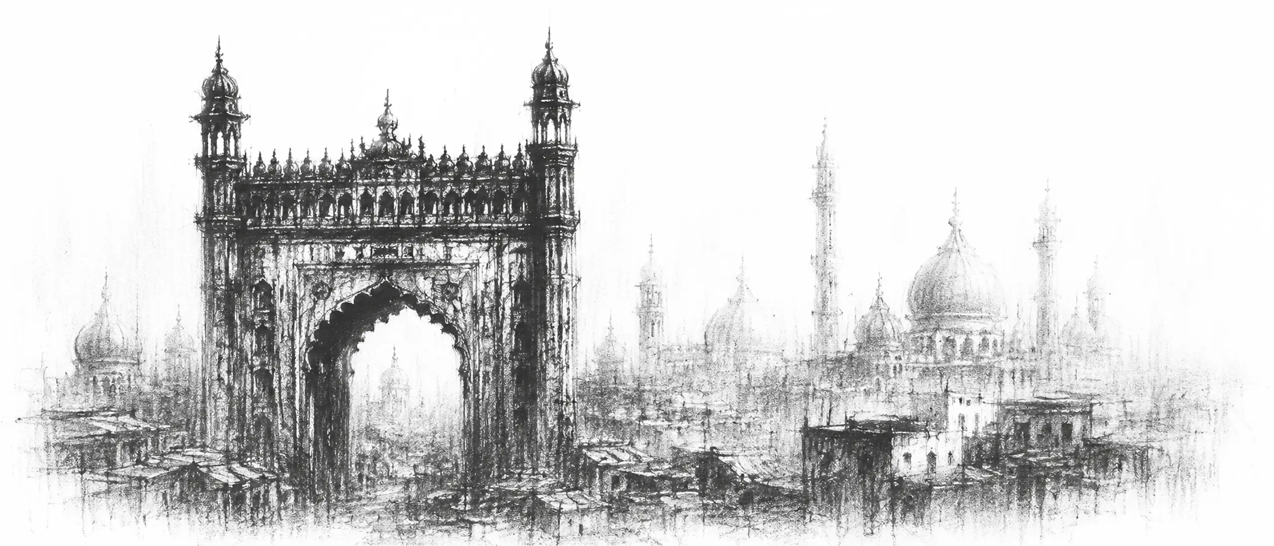 Charcoal sketch of a tall ornate gateway and the domes of the old city in soft twilight, low haze - never been abroad