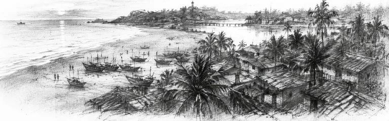 Charcoal sketch of the Mangalore coast at sunset, fishing boats on a long beach, red-tiled rooftops and palms, a river mouth and headland - never been abroad