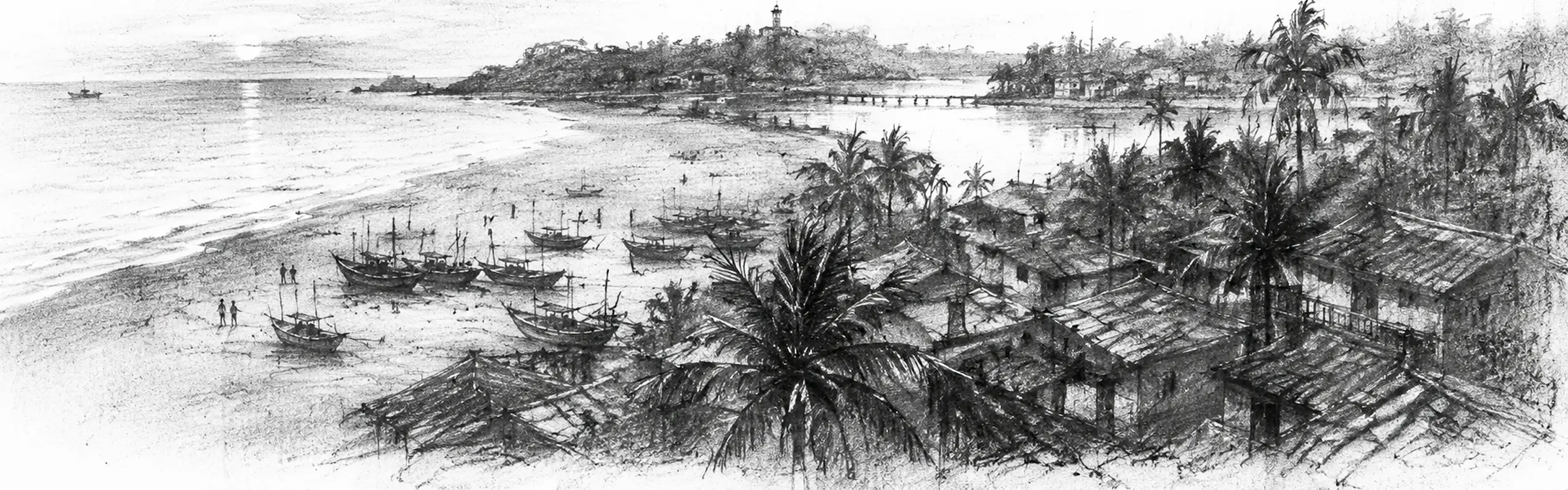 Charcoal sketch of the Mangalore coast at sunset, fishing boats on a long beach, red-tiled rooftops and palms, a river mouth and headland - never been abroad
