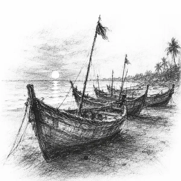 Charcoal sketch of wooden fishing boats drawn up on a beach at sunset in Mangalore