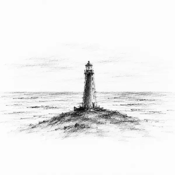 Charcoal sketch of a lighthouse on a headland above the sea in Mangalore