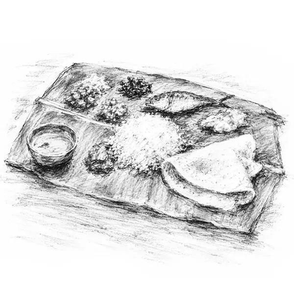 Charcoal sketch of a banana-leaf spread of a coastal South Indian meal