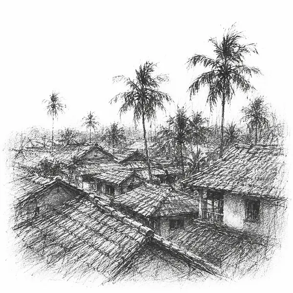Charcoal sketch of red Mangalore-tile rooftops among coconut palms