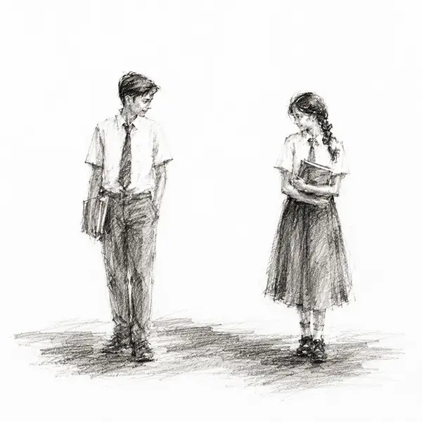 Charcoal sketch of a schoolboy and a schoolgirl in uniform standing a little apart, not touching, a shy mutual glance between them