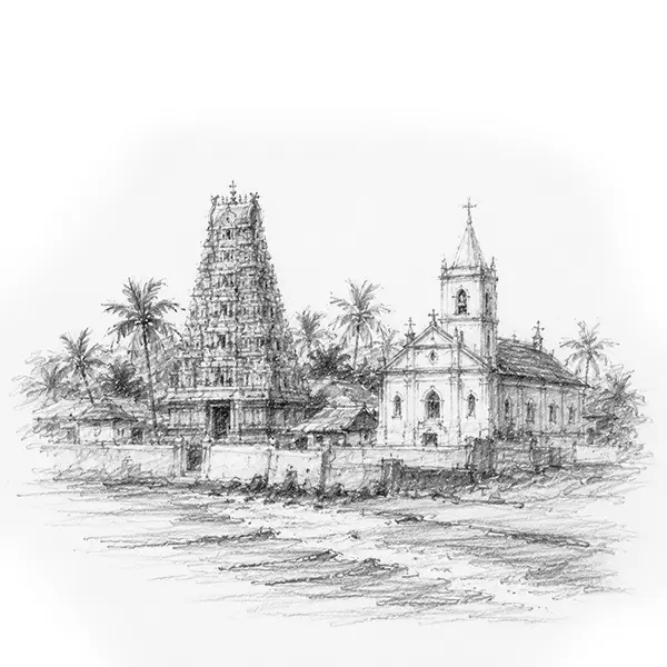 Charcoal sketch of a coastal temple tower and an old church standing close together