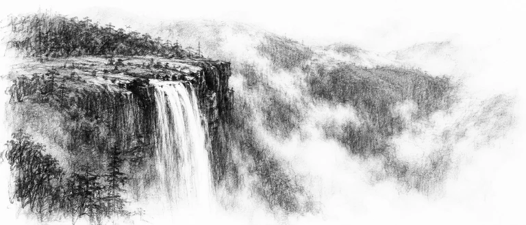 Charcoal sketch of a green plateau edge with a great waterfall dropping into a cloud-filled gorge, forested hills in rain-haze - never been abroad
