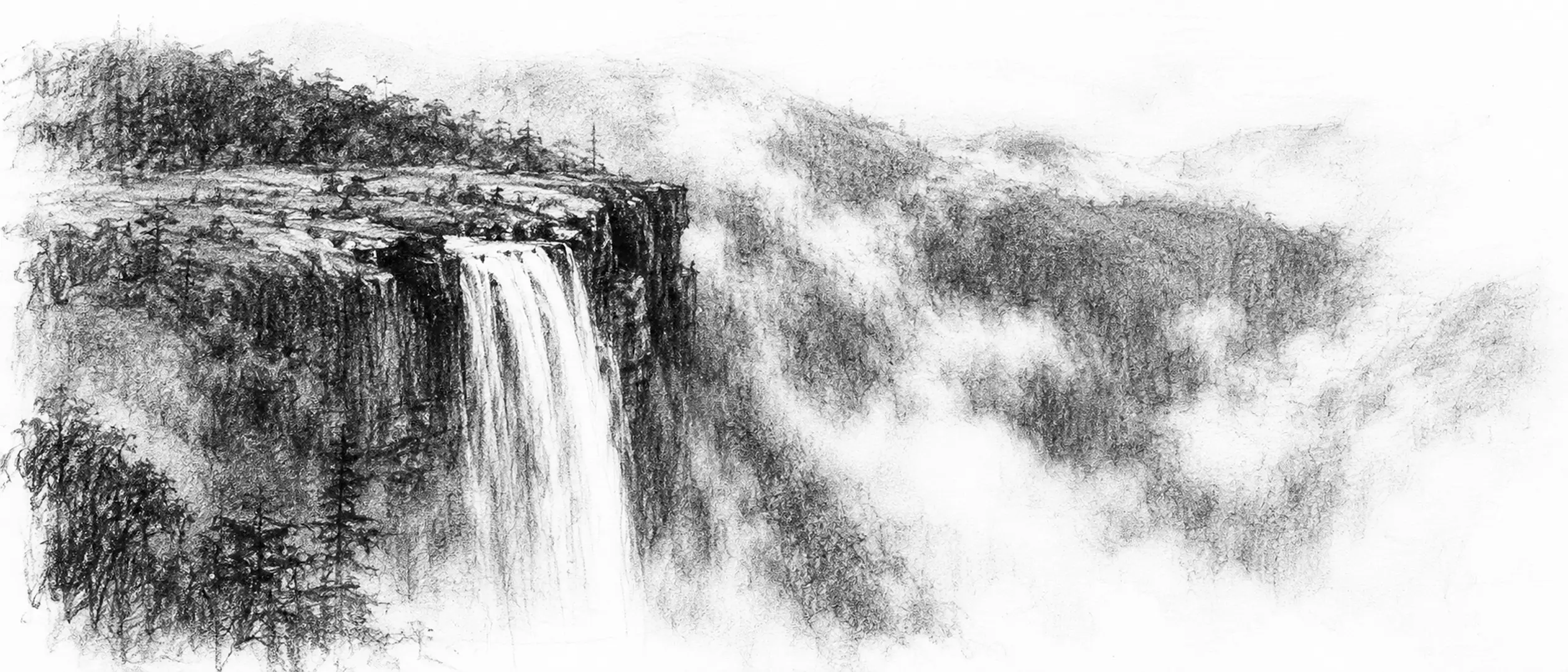 Charcoal sketch of a green plateau edge with a great waterfall dropping into a cloud-filled gorge, forested hills in rain-haze - never been abroad