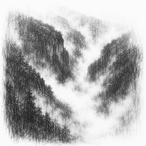 Charcoal sketch of cloud pouring through a deep green gorge